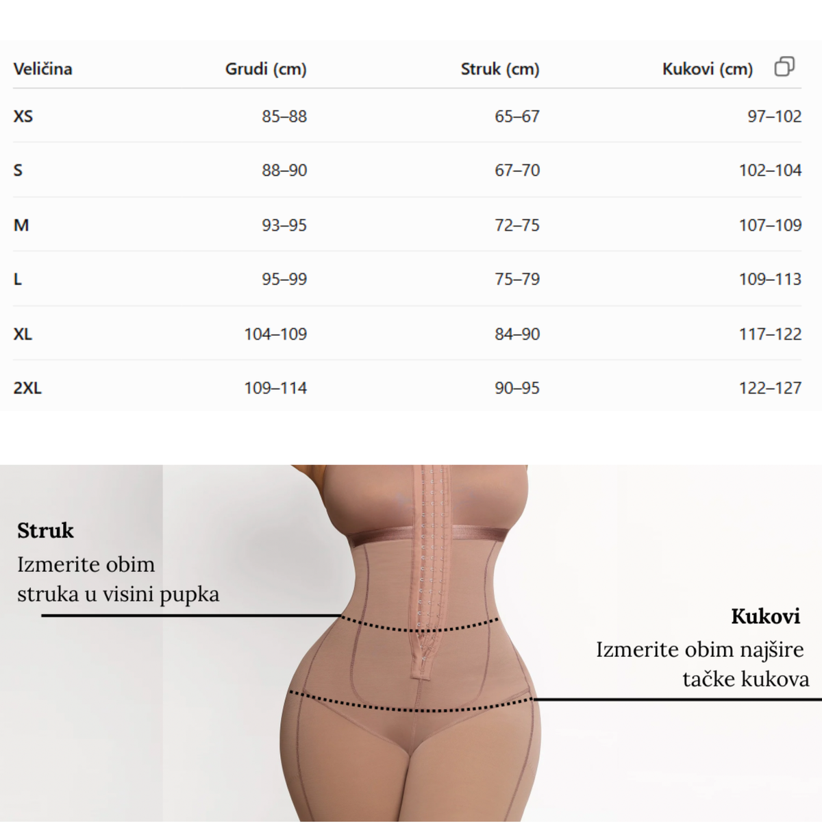 Vodič za veličinu for Cicin body shaper tanga sa bratelama koje se skidaju