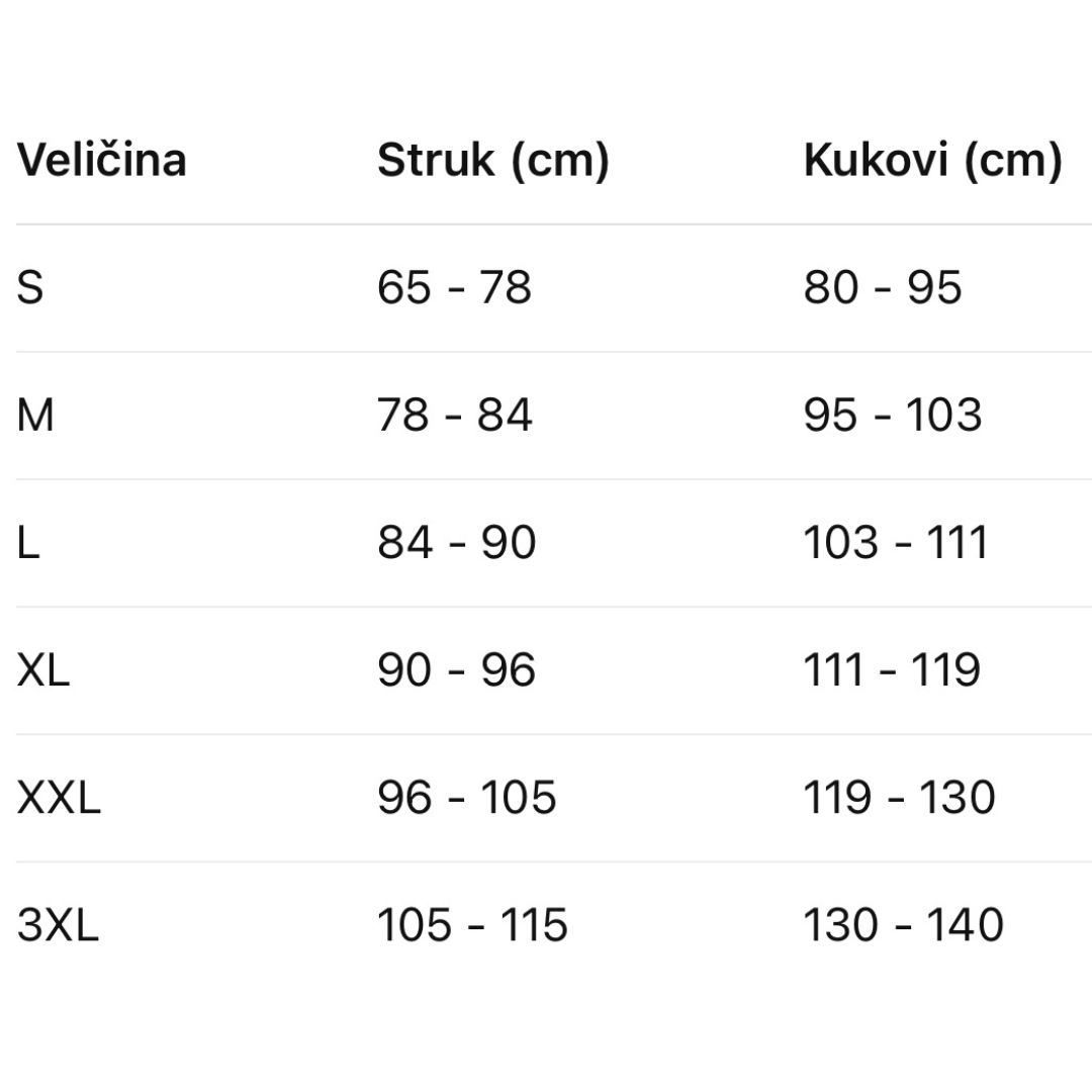Tabela veličina Cicin steznika sa merama u centimetrima.
