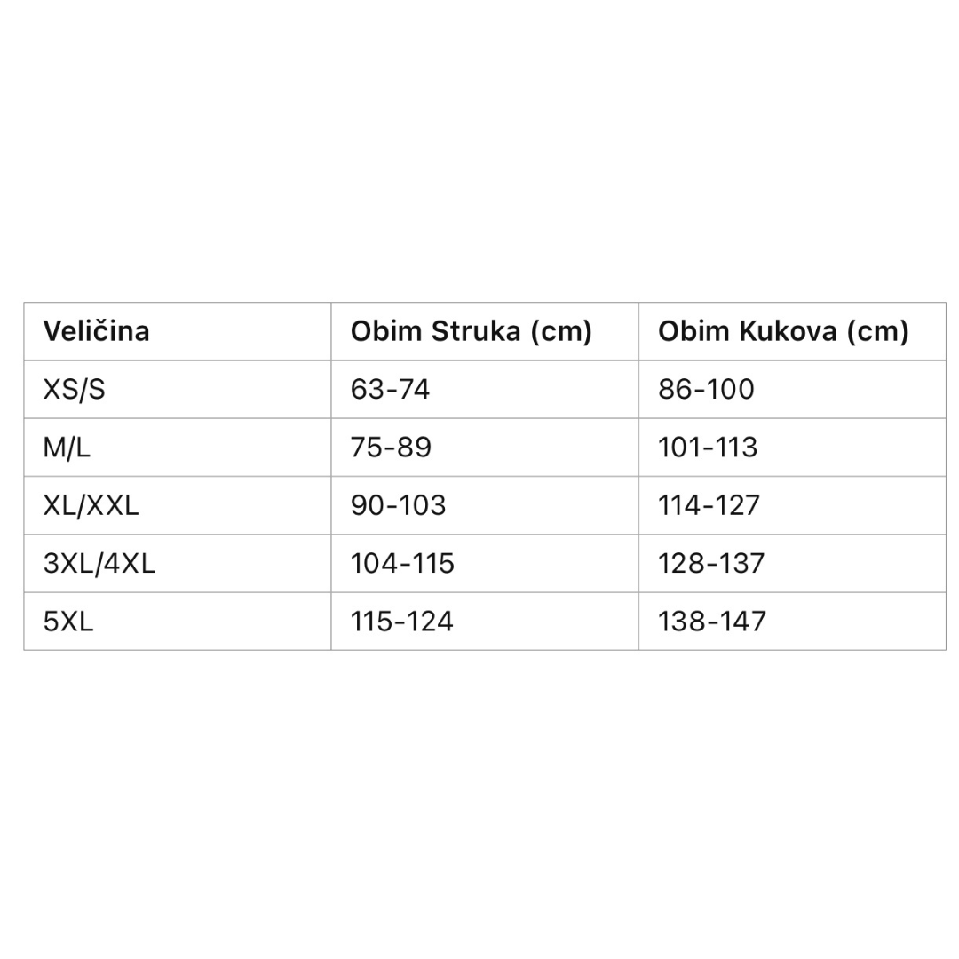 Tabela veličina za CICIN nevidljivi steznik tanga sa kopčanjem za brushalter