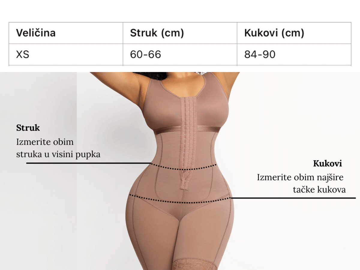Vodič za veličinu for Cicin body steznik sa nogavicama i rajsfešlusom na sredini