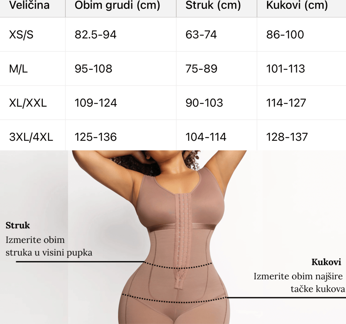 Vodič za veličinu for Cicin body shaper sa jakom kompresijom