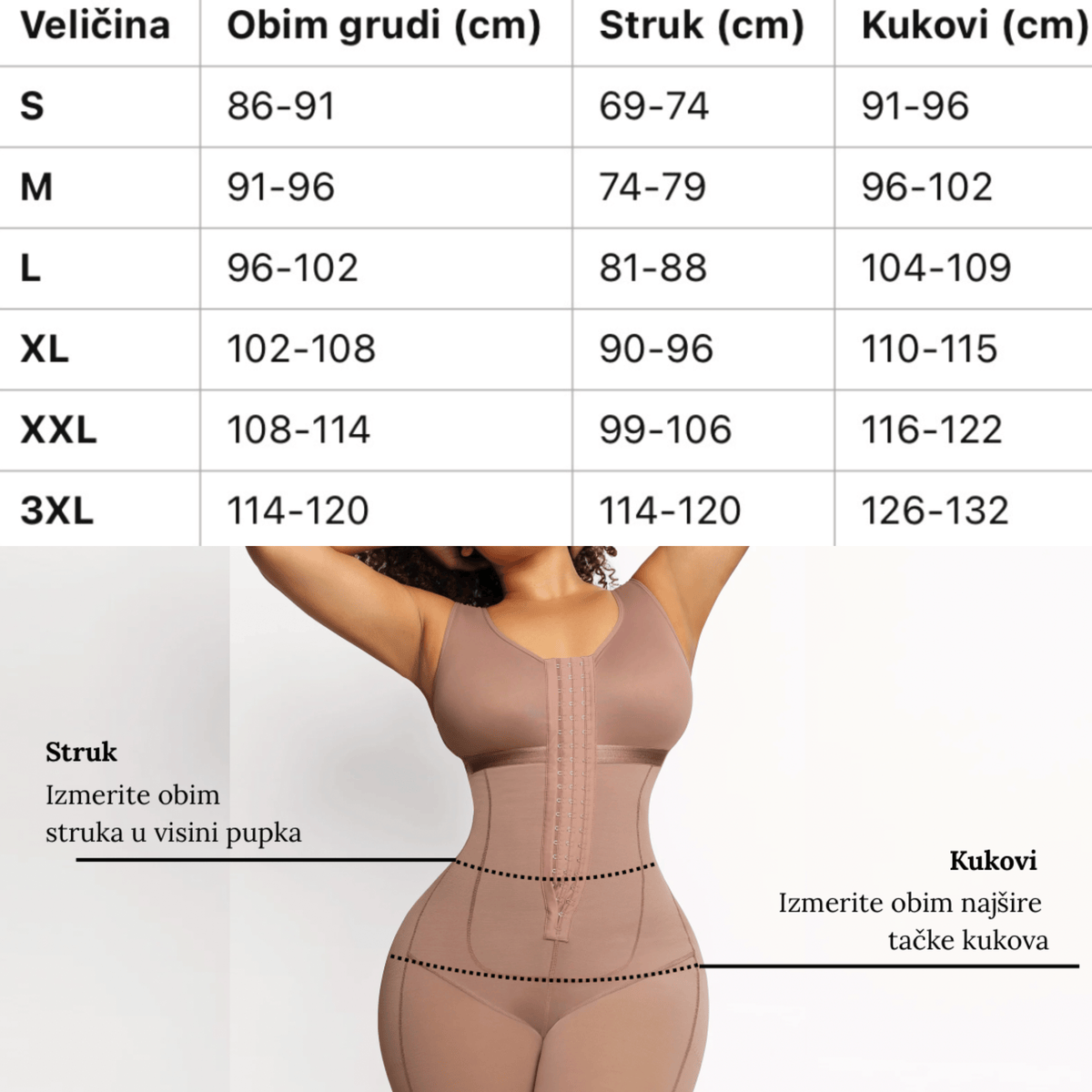 Vodič za veličinu for Cicin premium kombinezon sa pojasom za struk i kontrolom stomaka