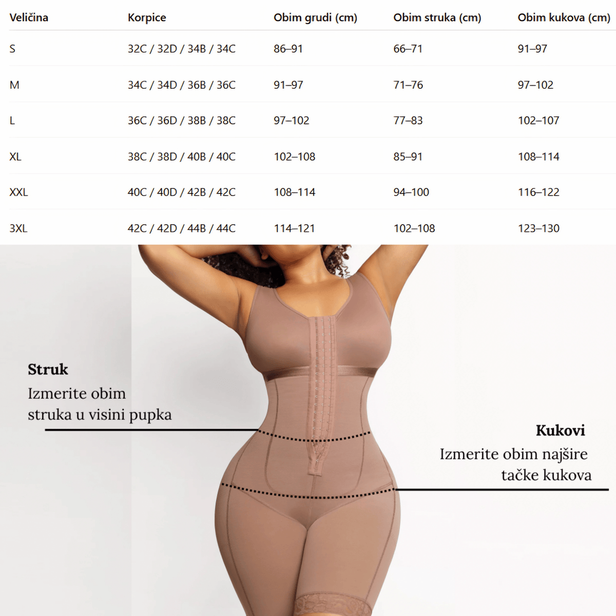 Vodič za veličinu for Cicin elegantni body sa korpama