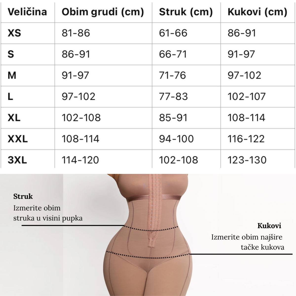 Vodič za veličinu for Cicin premium kombinezon za postoperativni oporavak i oblikovanje tela