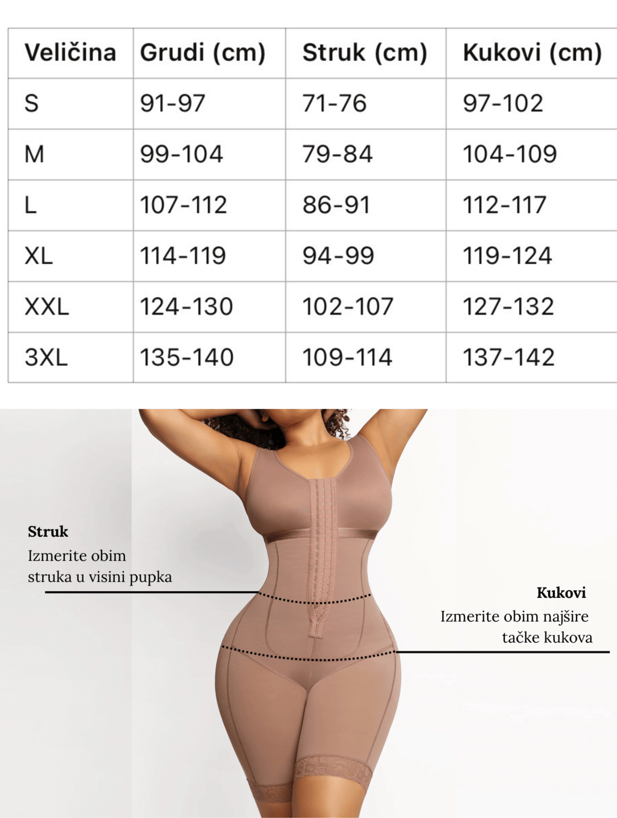 Vodič za veličinu for Cicin body shaper šorc sa bratelama koje se skidaju