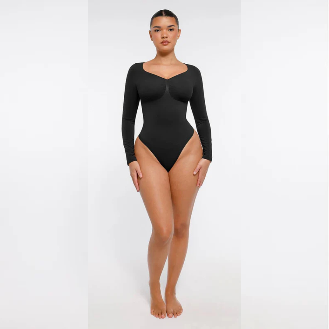 Crni body sa dugim rukavima i ugrađenom podrškom za grudi – elegantan kroj