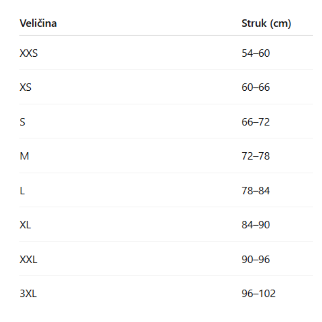 Tabela veličina sa merama u centimetrima.